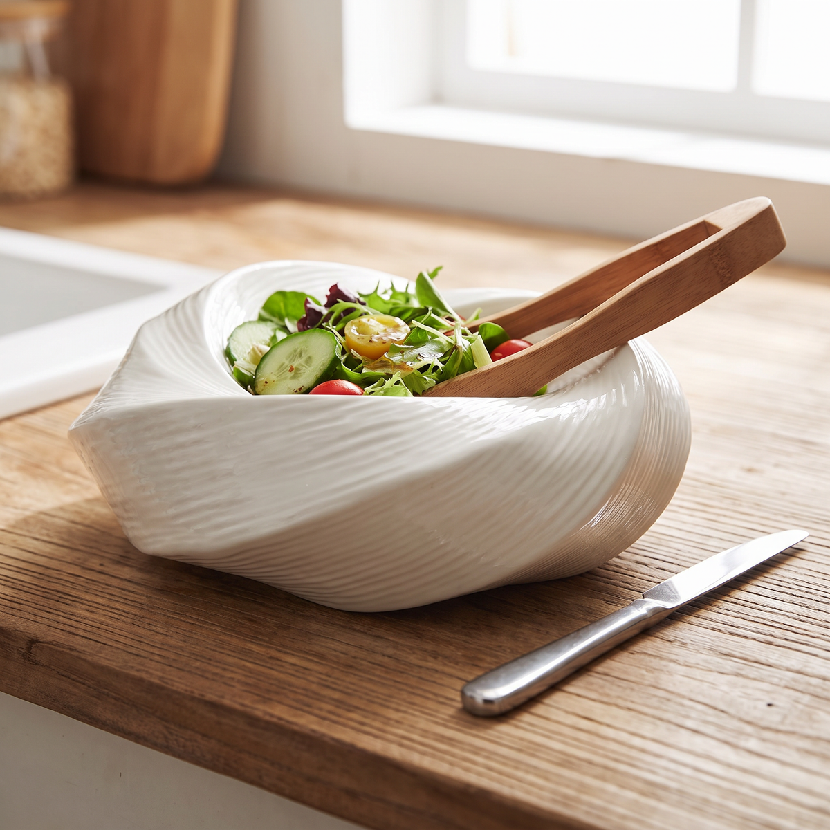 Saladeschaal Keramiek 23 cm Spiraalpatroon Ivoor Vaatwasbestendig