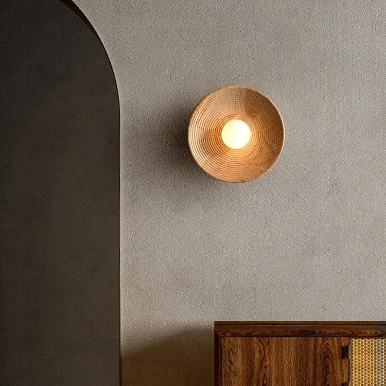 Japandi Wandlamp Hout Glas Rond Retro Vintage 27cm Woonkamer Slaapkamer Hal