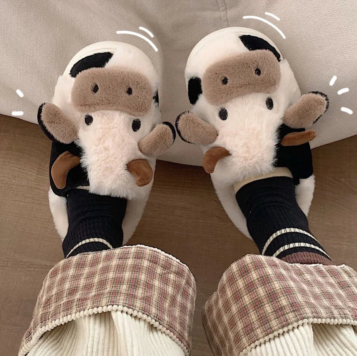 Pluche Huisslippers Koeienprint Dames Antislip Zool Zachte Voering Pantoffels Warm Winterschoeisel Comfortabel