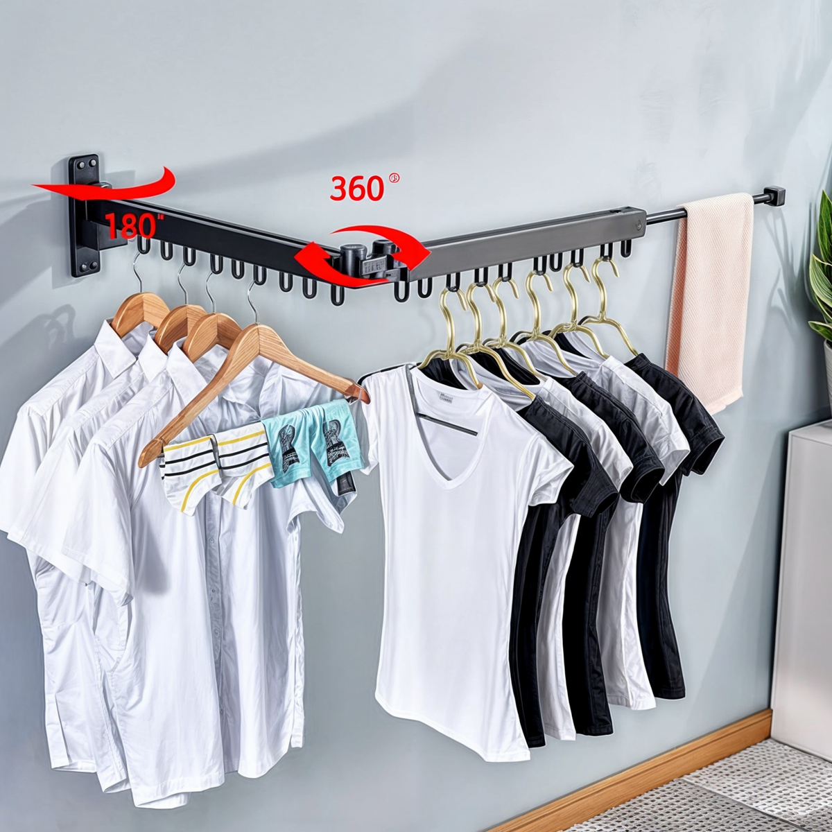 Inklapbaar Wanddroogrek Grijs Aluminium 180° Draaibaar - Ruimtebesparend Waskamerrek voor Kleding & Handdoeken
