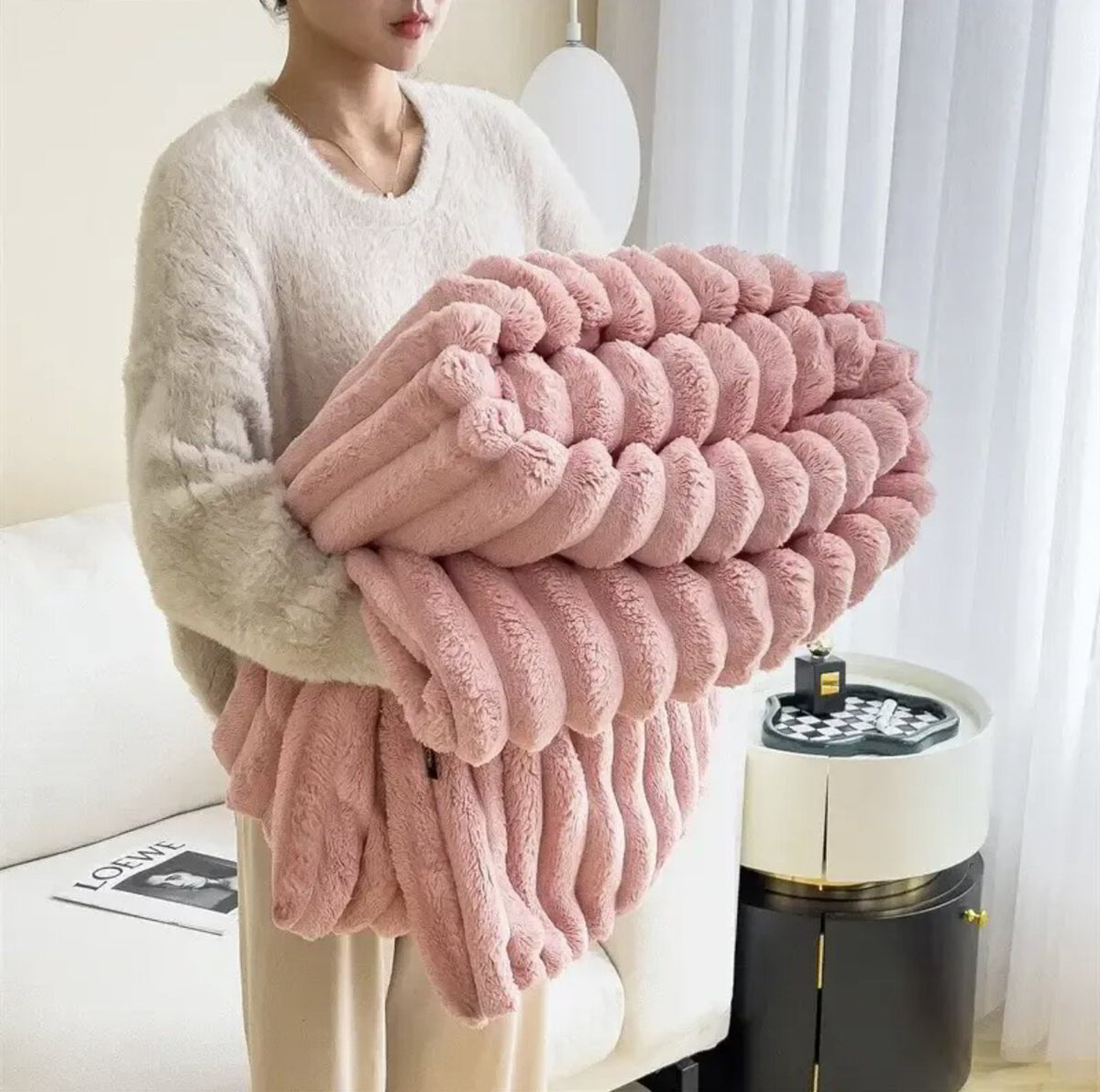 Plaid Imitatiebont Zacht Warm Crème Bank Bed Woonkamer Slaapkamer Decoratieve Deken Fluffy Plaid