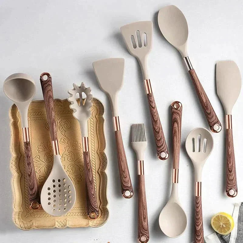 Keukengerei Set 10-delig Hittebestendig Siliconen met Houten Handvatten Anti-aanbak Kookgerei Spatel