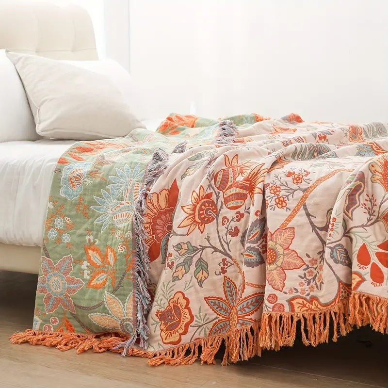 Katoenen Plaid met Boho Bloemenmotief - Oranje en Blauw op Crèmekleurige Ondergrond met Franjes - Decoratieve Sprei voor Bank en Bed