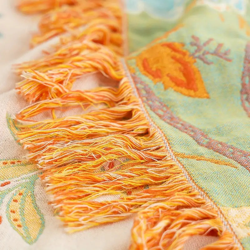 Bedsprei 230x250 cm Katoen Boho Bloemenmotief Franjes Tweepersoons Sprei Oranje Blauw Crème