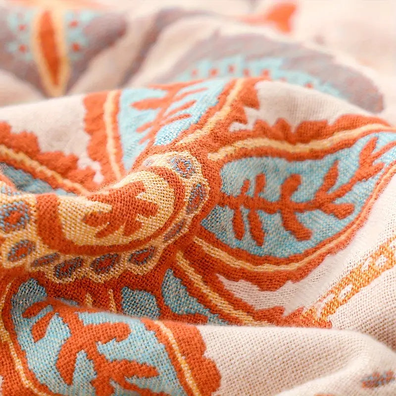 Bedsprei 230x250 cm Katoen Boho Bloemenmotief Franjes Tweepersoons Sprei Oranje Blauw Crème