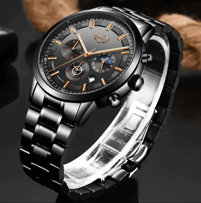 Stalen Herenhorloge Zwart - Elegant Design met Datum & Dag/Nacht - Waterdicht 30M