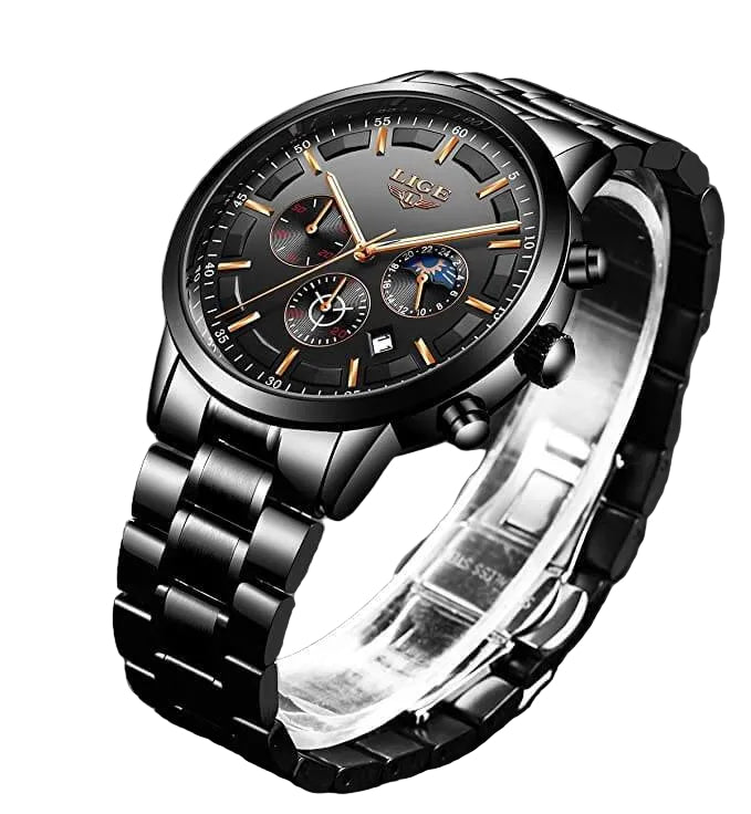 Stalen Herenhorloge Zwart - Elegant Design met Datum & Dag/Nacht - Waterdicht 30M