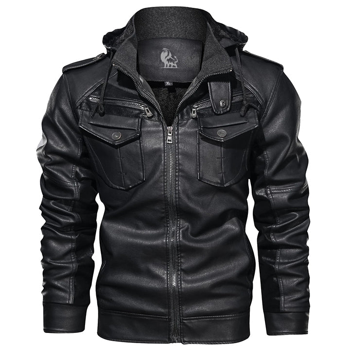 Lederen Herenjack PU-Leer Afneembare Capuchon Waterafstotend Krasvast Zwart Stoer Outdoor Winterjas Herfst