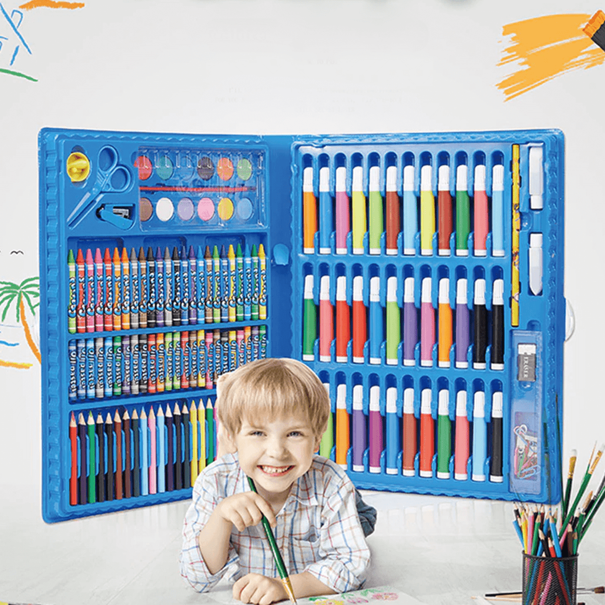 Tekenkoffer 208-delig Kleurrijk Creatief Materiaal Kinderen Kunstset Inclusief Etui Potloden Stiften
