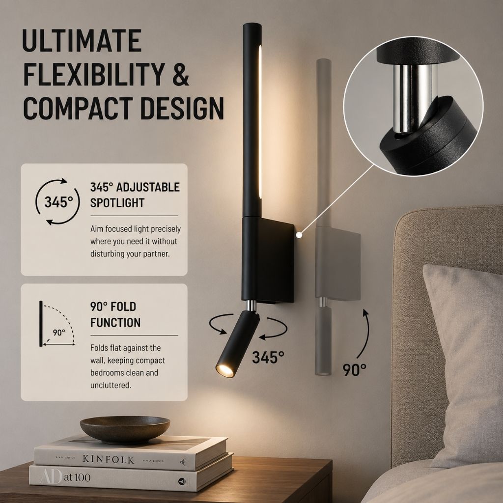 Wandlamp Slaapkamer met Draaibare Leeslamp 345° Rotatie Zwart Wit Aluminium Indirect Licht Moderne Verlichting