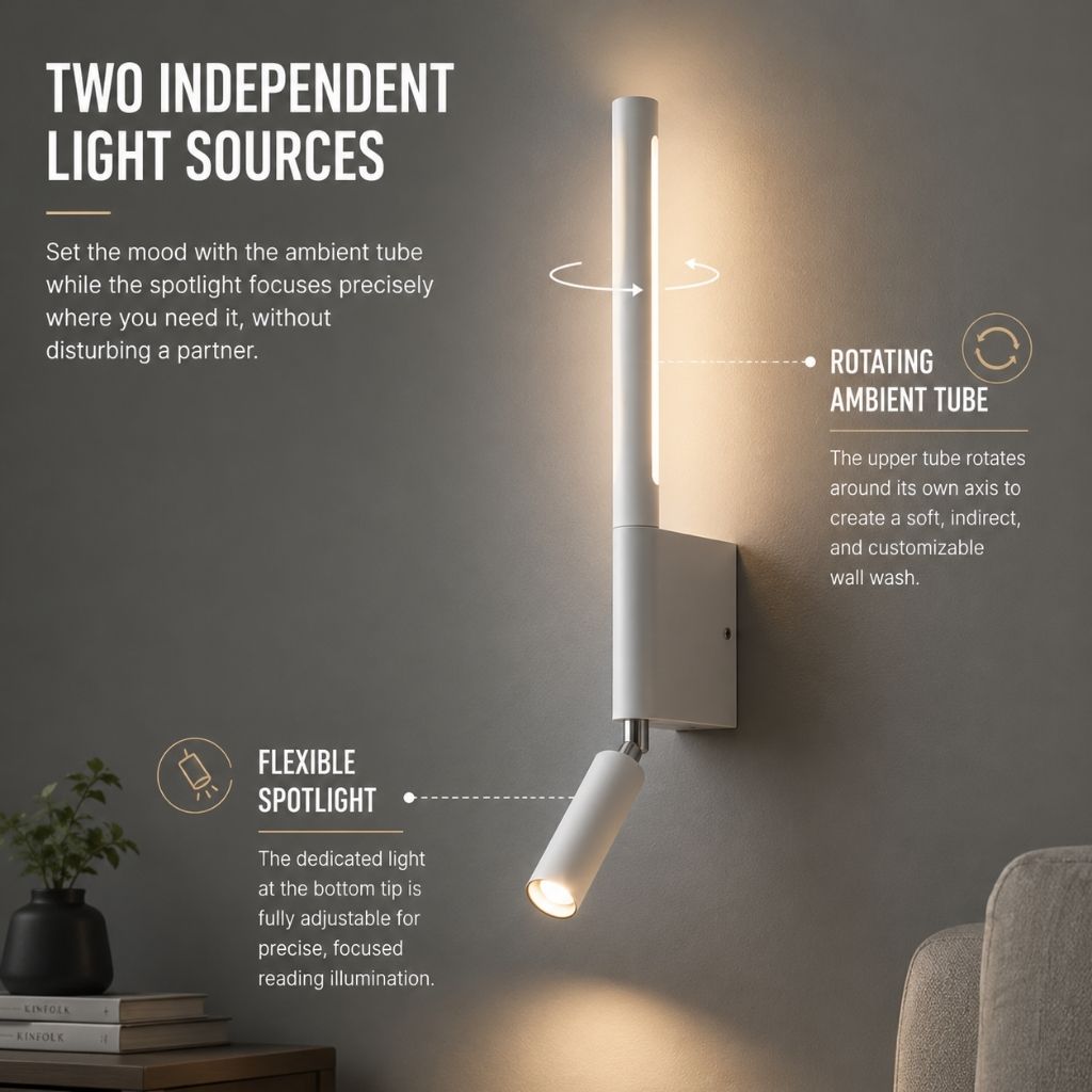 Wandlamp Slaapkamer met Draaibare Leeslamp 345° Rotatie Zwart Wit Aluminium Indirect Licht Moderne Verlichting