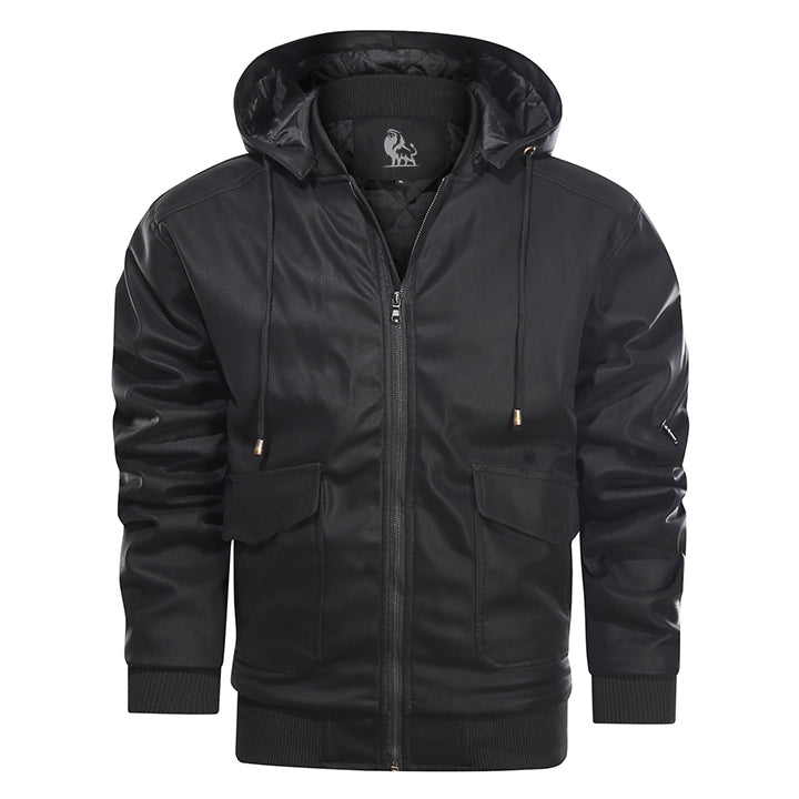 Leren Herenjas met Afneembare Capuchon Zwart Waterbestendig Kunstleer Biker Jacket voor Herfst Winter