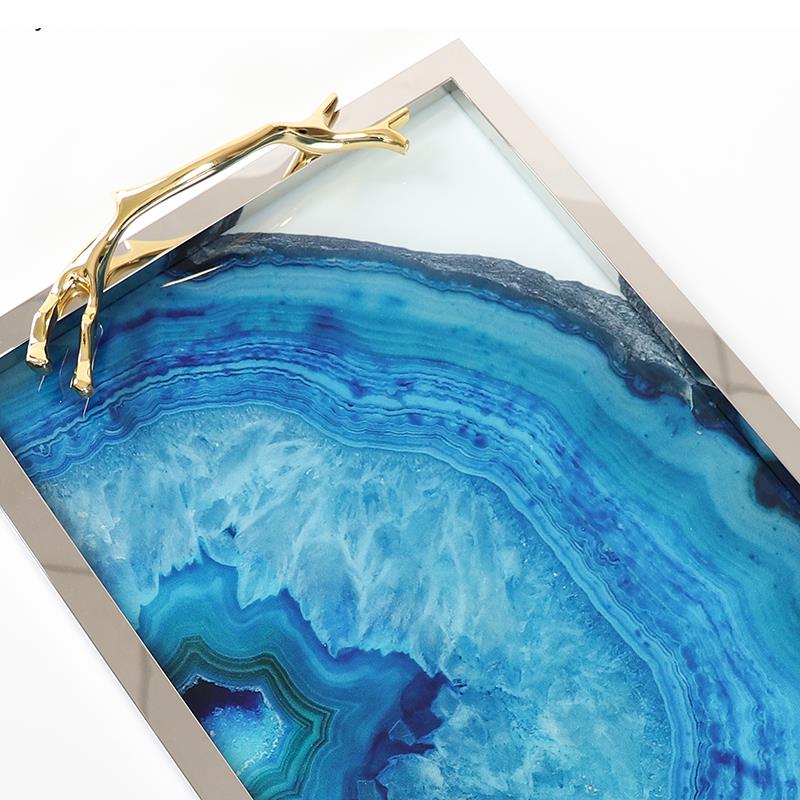 Decoratief Dienblad met Blauwe Agaatpatroon - Elegant Serveerblad met Glazen Inleg en Edelstalen Rand - Uniek Natuursteen Design voor Tafel en Interieur