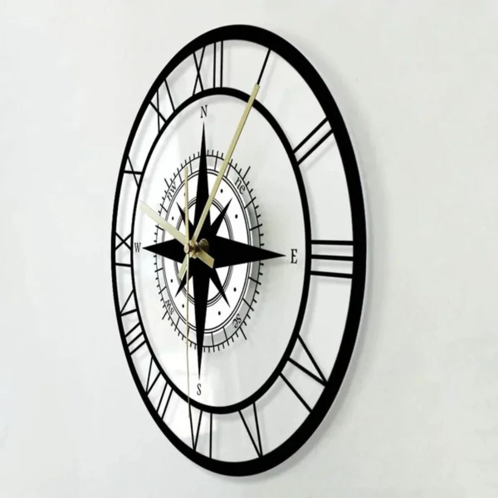 Wandklok Kompas Transparant 30cm Stil Uurwerk Maritiem Design Windstreek Decoratie Woonkamer Keuken Nautisch