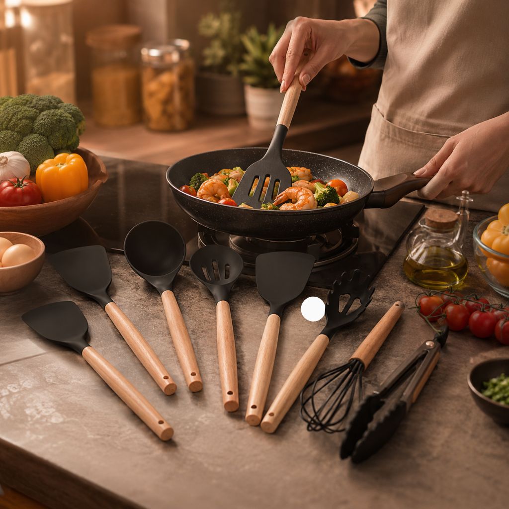 Siliconen Keukengerei Set 11-delig Houten Handvat Hittebestendig 230°C BPA-vrij Kooklepels Spatel Keuken