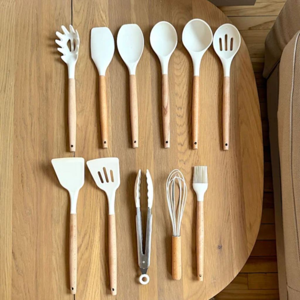 Siliconen Keukengerei Set 11-delig Houten Handvat Hittebestendig 230°C BPA-vrij Kooklepels Spatel Keuken