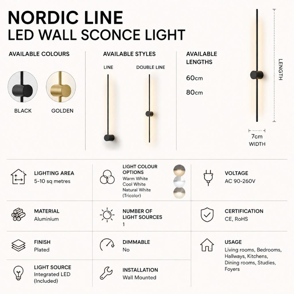 Minimalistische LED Wandlamp Aluminium 60-80cm Zwart Goud Woonkamer Slaapkamer Hal Modern Strak Design