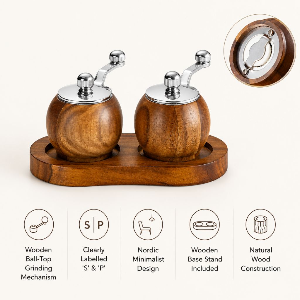 Peper- en Zoutmolen Set Hout met Bol-Maalwerk en Standaard voor Tafel Keuken Eetkamer Scandinavisch Design