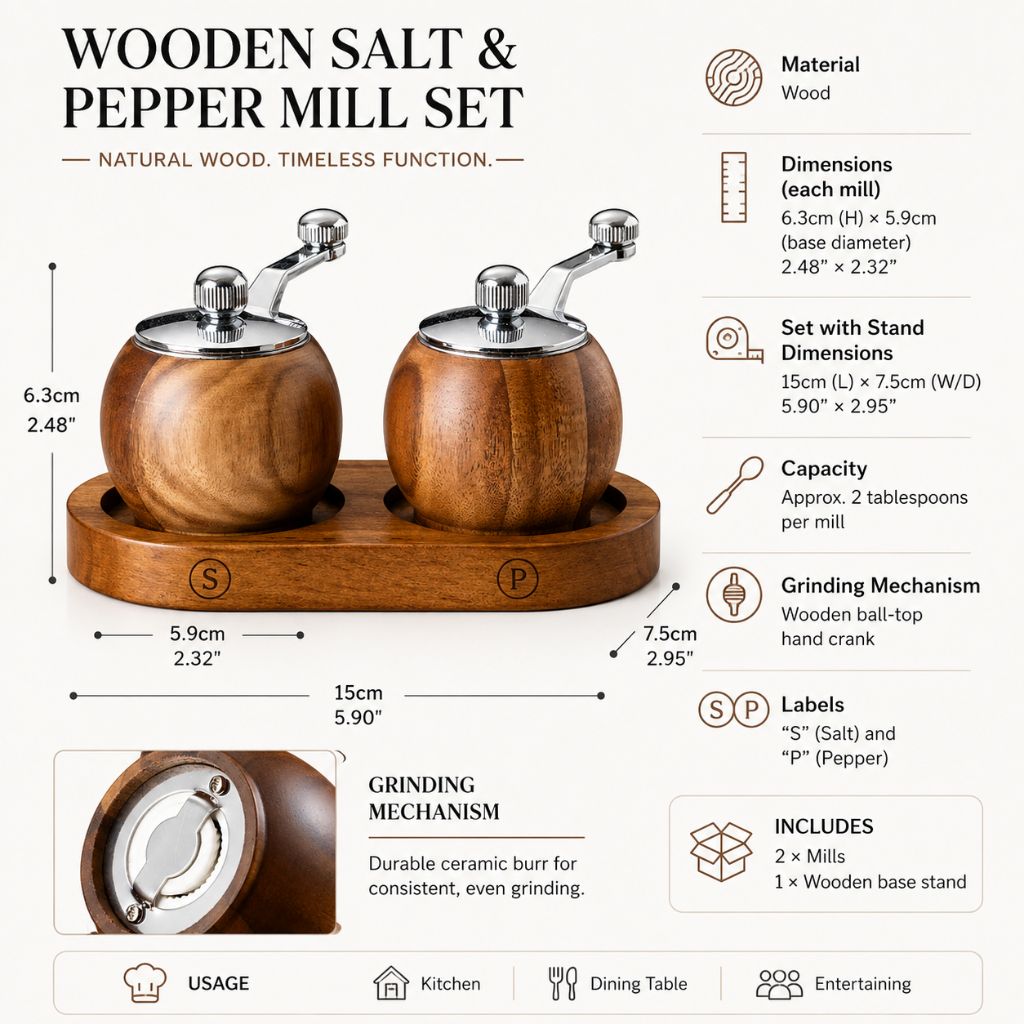 Peper- en Zoutmolen Set Hout met Bol-Maalwerk en Standaard voor Tafel Keuken Eetkamer Scandinavisch Design