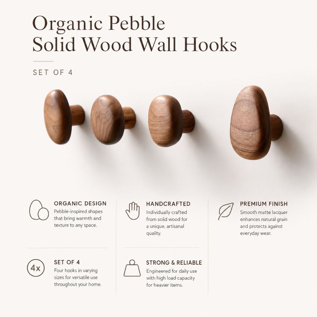 Wandkapstok Hout Set van 4 Natuurlijke Vormen Hal Badkamer Slaapkamer Handgemaakt Massief Hout Organisch