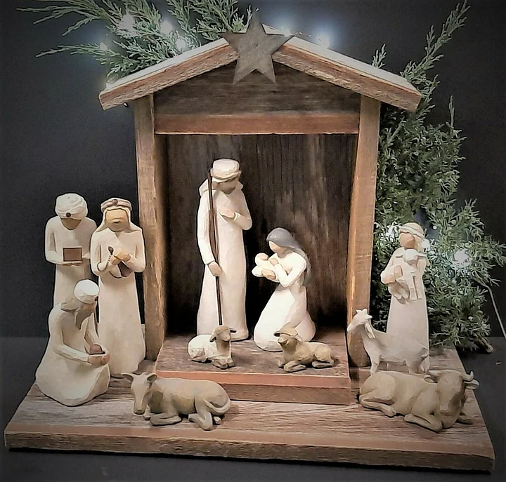 Kerststal Set 20-delig Handgemaakt Hout met Figuren Maria Jozef Herders Dieren Woonkamer Kerstdecoratie