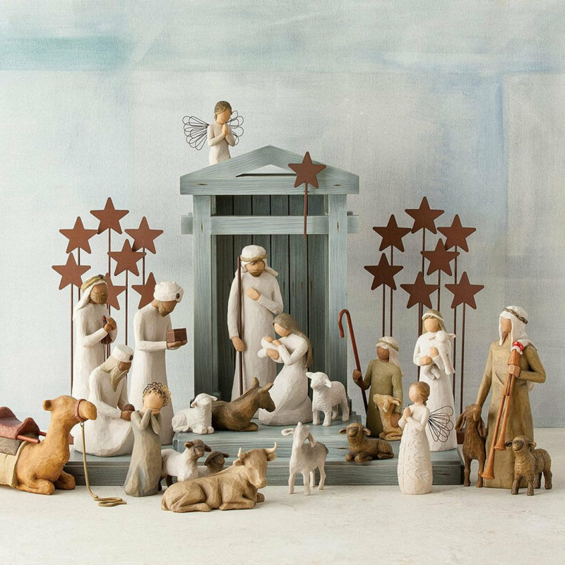 Kerststal Set 20-delig Handgemaakt Hout met Figuren Maria Jozef Herders Dieren Woonkamer Kerstdecoratie