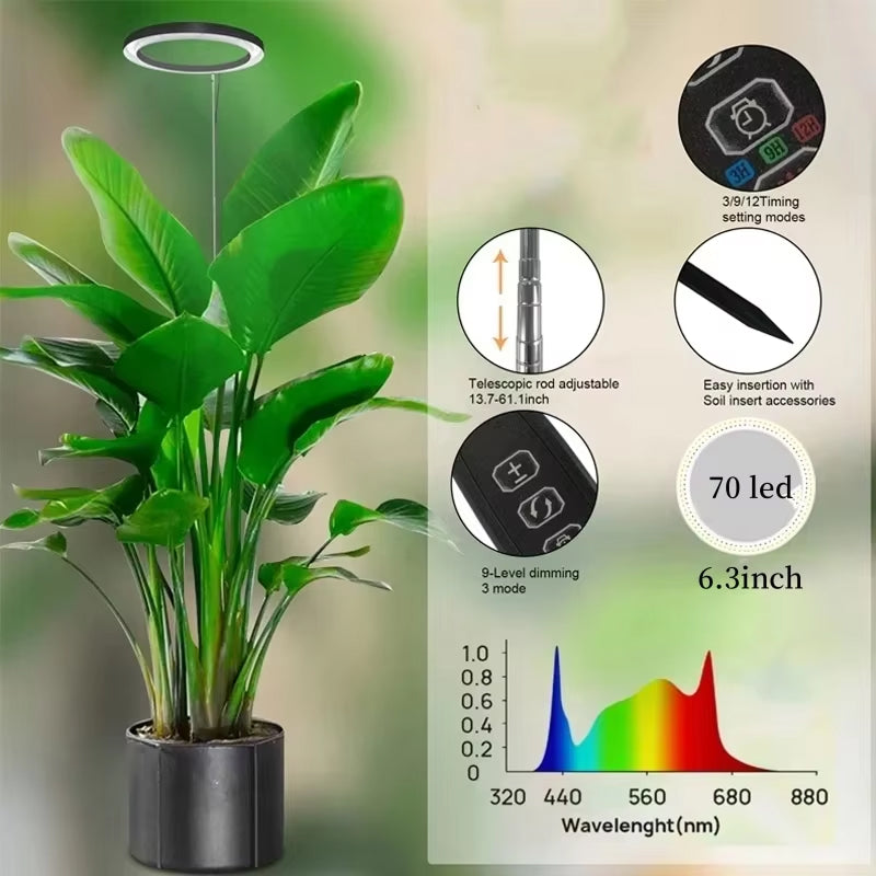 Verstelbare LED Groeilamp met Telescoopstandaard Automatische Timer Spectrum voor Sterke Kamerplanten