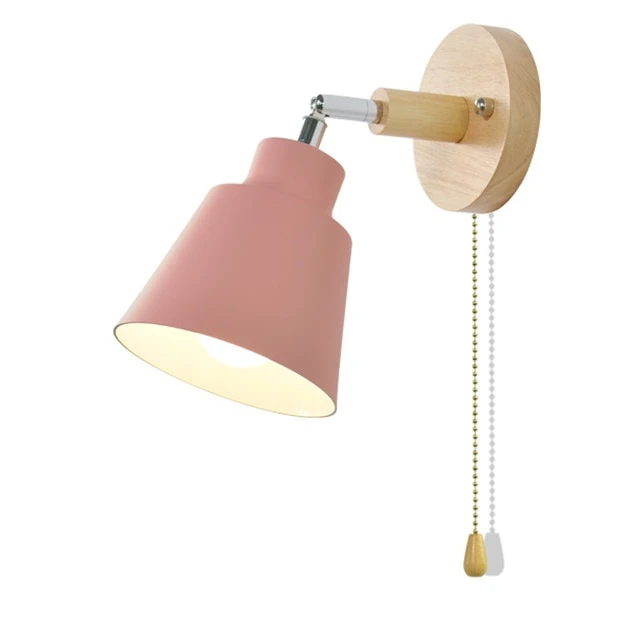 Verstelbare Wandlamp met Trekschakelaar Houten Basis Leeslicht Slaapkamer Nachtkastje Zwenkbaar 180°