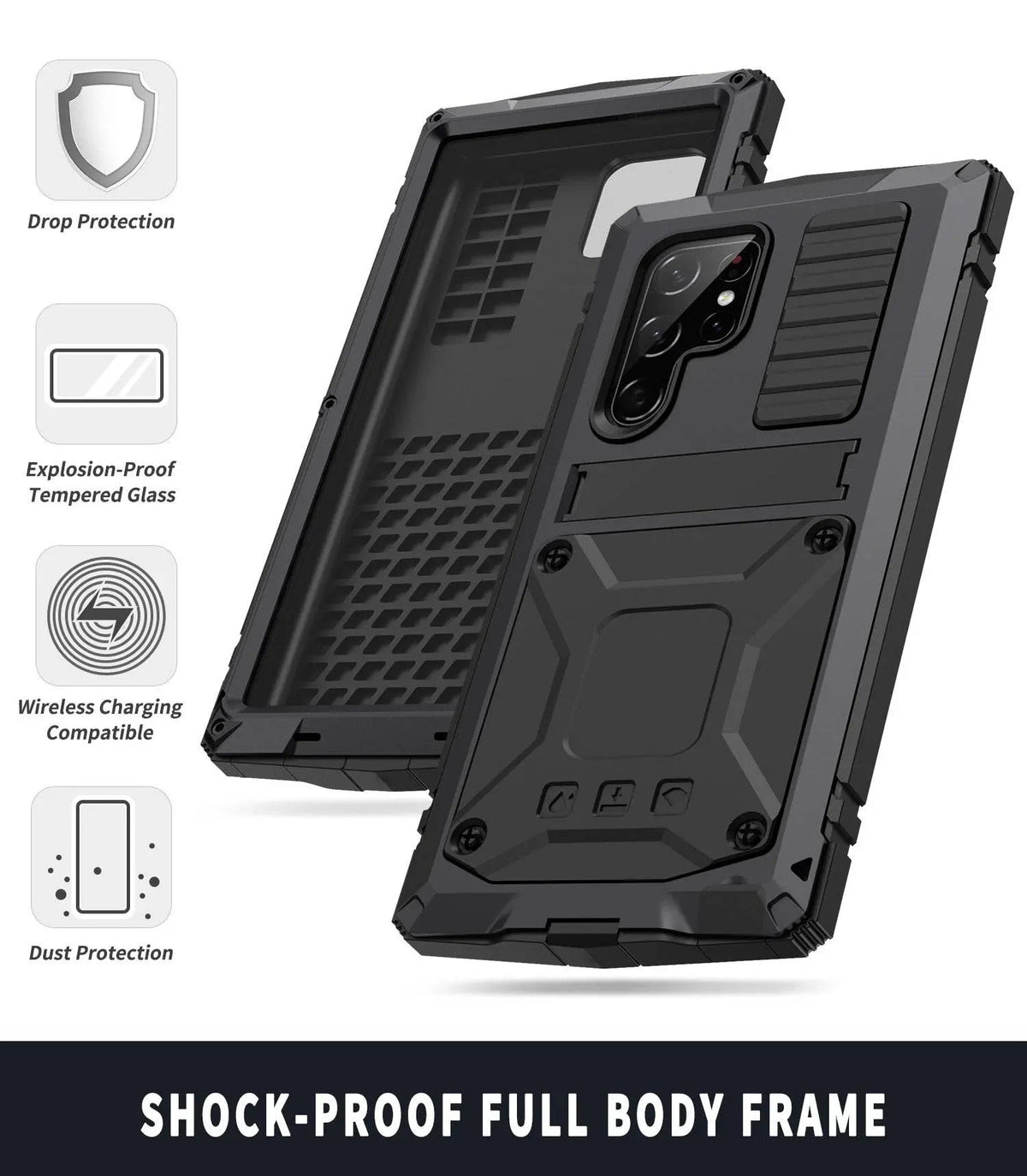 Aluminium Beschermhoes met Standaard en Gehard Glas voor Smartphone Stootvast Schokbestendig Stijlvol Design