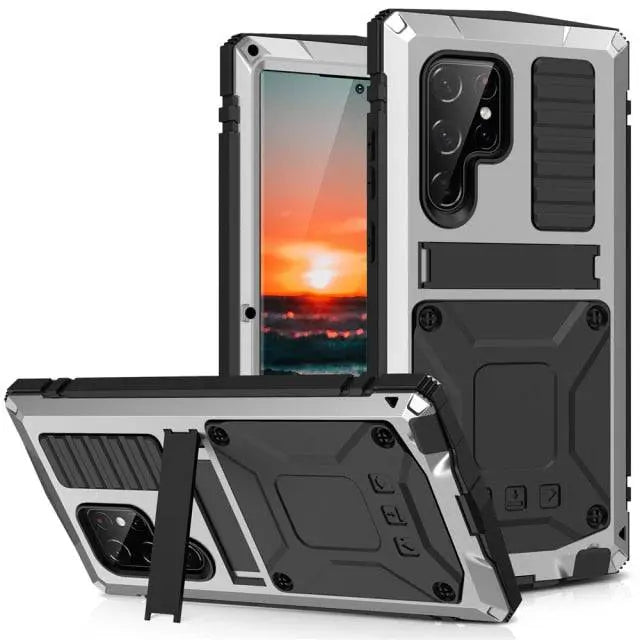 Aluminium Beschermhoes met Standaard en Gehard Glas voor Smartphone Stootvast Schokbestendig Stijlvol Design