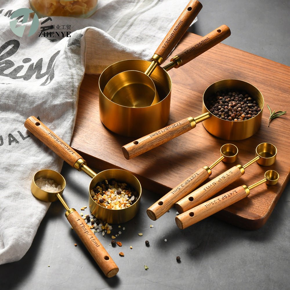 Maatlepels en maatbekers set van roestvrij staal met houten handgreep - 8-delig