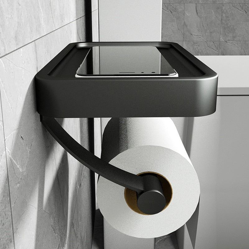 Toiletrolhouder met Plankje RVS Wandmontage Zonder Boren Modern Badkameraccessoire Zwart Wit Grijs Smartphone