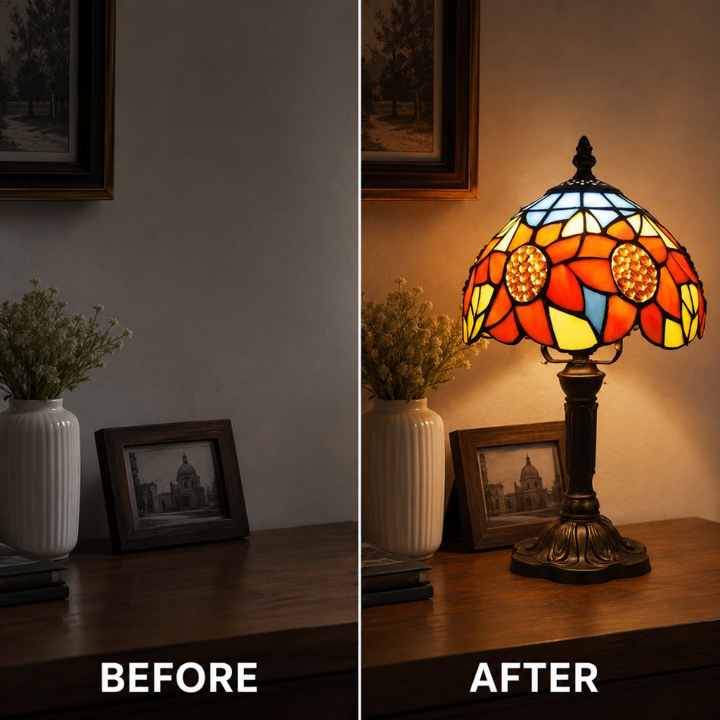 Tiffany Tafellamp met Glas-in-Lood Kap Verstelbaar Leeslamp Bureaulamp Scandinavisch Design Sfeerlicht