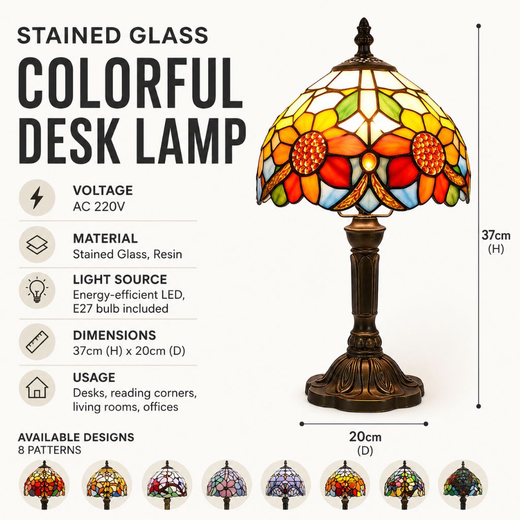 Tiffany Tafellamp met Glas-in-Lood Kap Verstelbaar Leeslamp Bureaulamp Scandinavisch Design Sfeerlicht