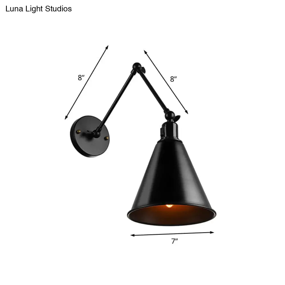 Wandlamp Zwenkarm Zwart 30+30 cm Gesmeed Metaal Kegelkap Hoogte 25 tot 35 cm E27 Fitting Vaste Bedrading