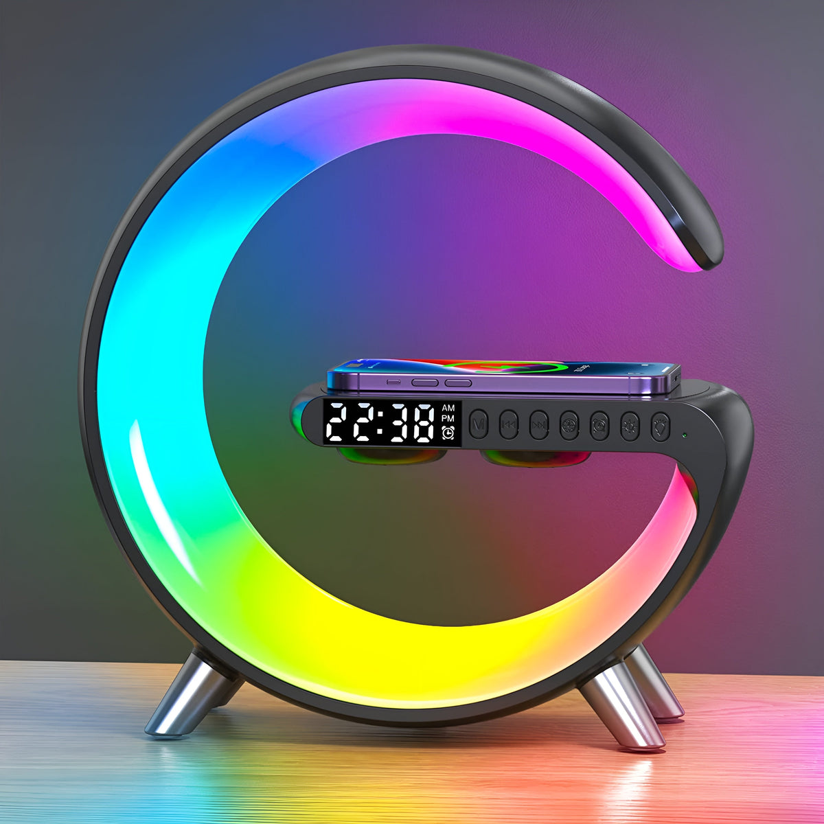 Multifunctioneel Nachtkastje met Draadloze Oplader Bluetooth Speaker Wekfunctie Sfeerlamp Slaapkamer