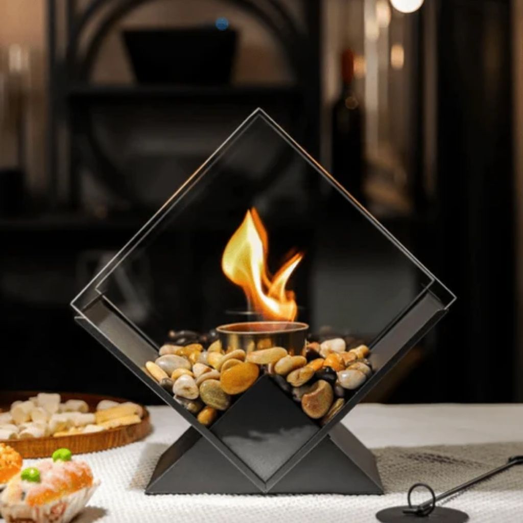 Tafelkachel Bioethanol Rookvrij met Glazen Ruit Decoratieve Tafelhaard voor Binnen en Buiten Sfeerverwarming
