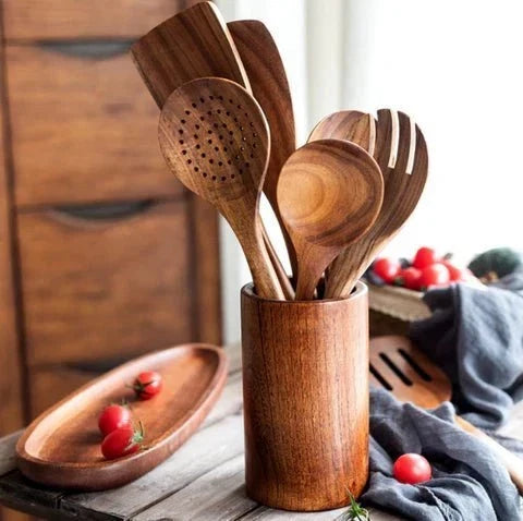 Teakhouten Keukengerei Houder Staand Bestek Organizer Natuurlijk Hout Opbergsysteem Kookgerei Keuken