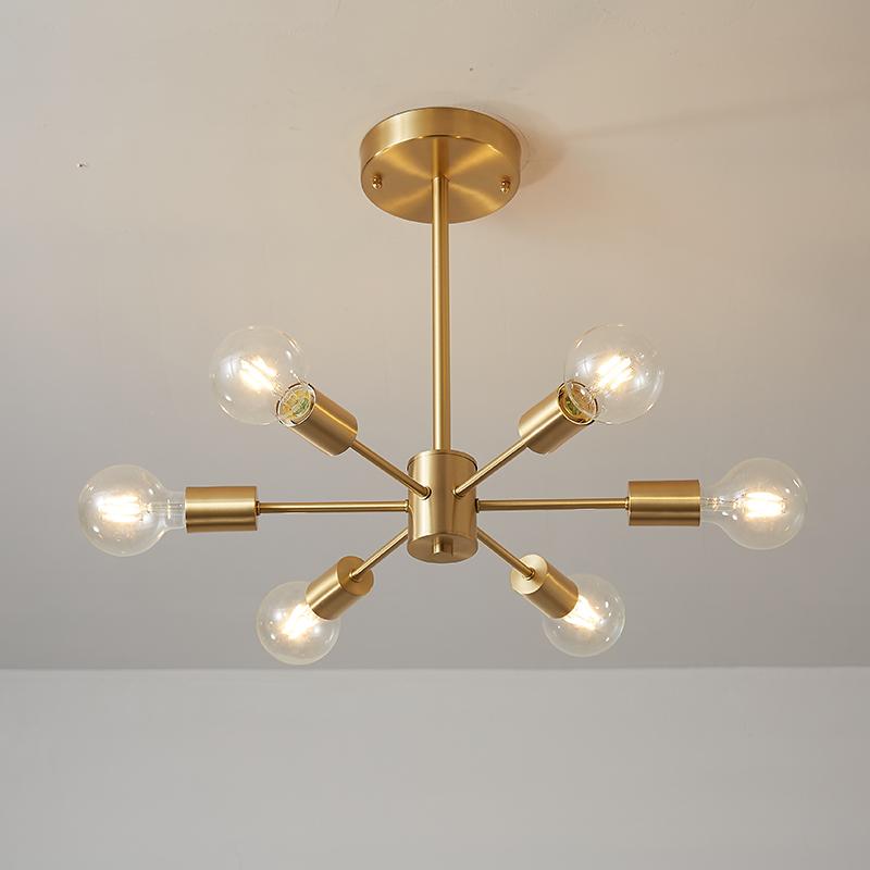 Moderne sputnik kroonluchter met 6 armen in messing - minimalistische design hanglamp zonder glazen kap