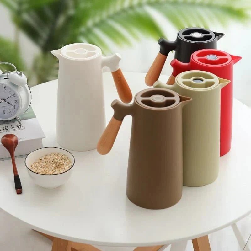 Thermoskan met Houten Handgreep 1L Dubbelwandig Glas Koffiekan Theekan Isoleerkan Scandinavisch Design