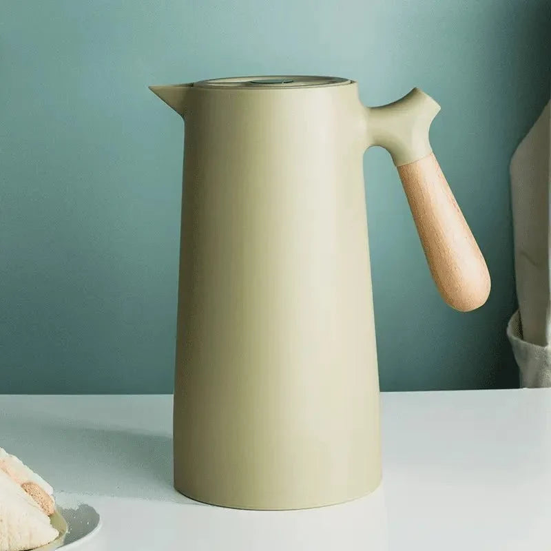 Thermoskan met Houten Handgreep 1L Dubbelwandig Glas Koffiekan Theekan Isoleerkan Scandinavisch Design