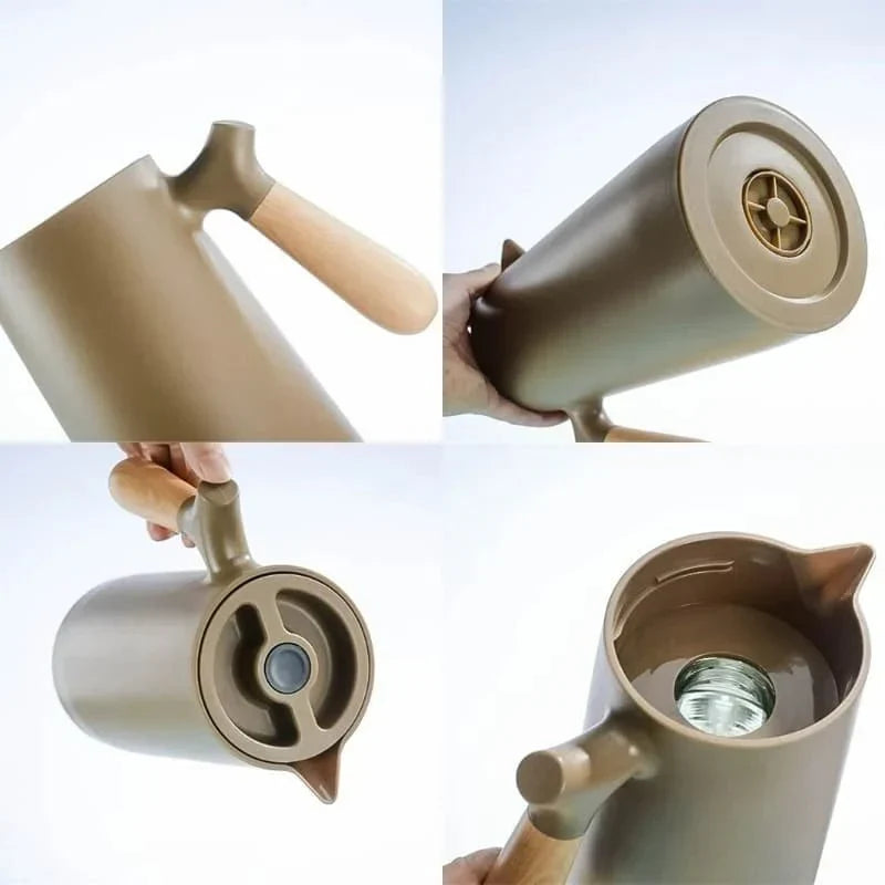 Thermoskan met Houten Handgreep 1L Dubbelwandig Glas Koffiekan Theekan Isoleerkan Scandinavisch Design
