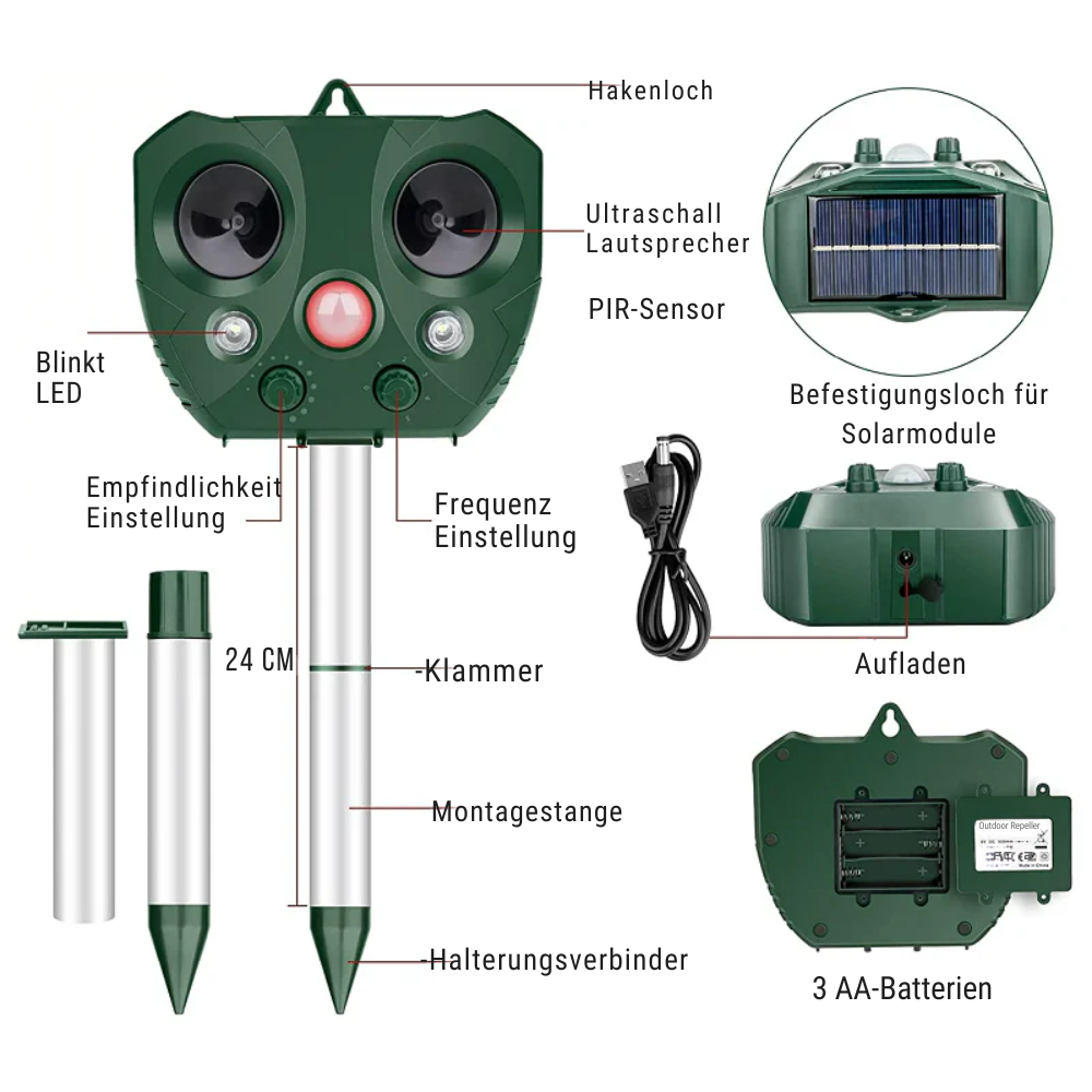 Ultrasone Dierenverjager op Zonne-Energie - 13,5-45,5 kHz - Bescherming Tuin - 5 Modi - Bereik tot 9 meter