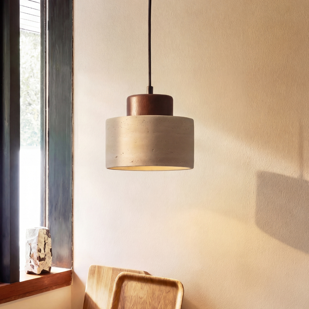 Travertijn Hanglamp Natuursteen Hout E27 Verstelbaar Snoer Eetkamer Keukeneiland Wabi-Sabi Scandinavisch