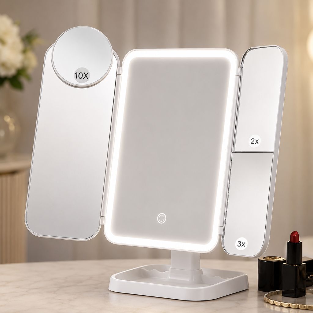 Driedelige Make-upspiegel met LED-Verlichting en 2x 3x 10x Vergroting Oplaadbaar Verstelbaar Opvouwbaar