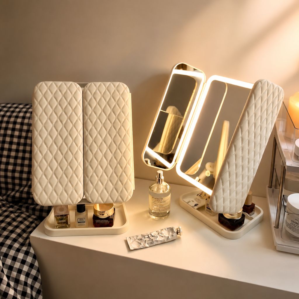 Driedelige Make-upspiegel met LED-Verlichting en 2x 3x 10x Vergroting Oplaadbaar Verstelbaar Opvouwbaar