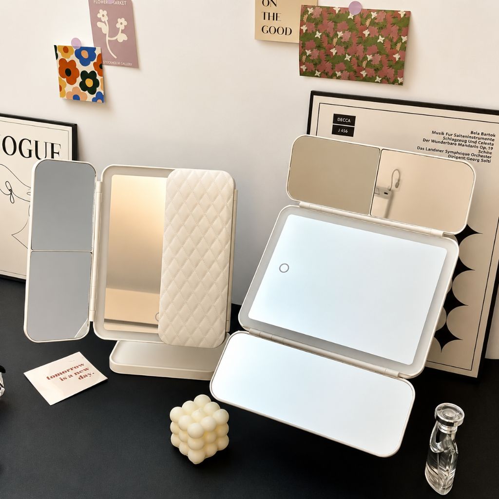 Driedelige Make-upspiegel met LED-Verlichting en 2x 3x 10x Vergroting Oplaadbaar Verstelbaar Opvouwbaar