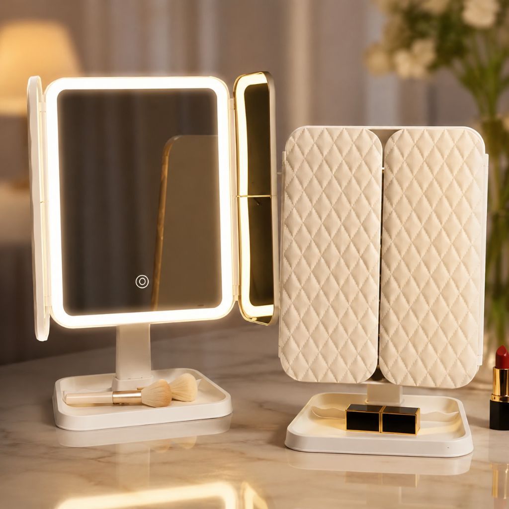 Driedelige Make-upspiegel met LED-Verlichting en 2x 3x 10x Vergroting Oplaadbaar Verstelbaar Opvouwbaar
