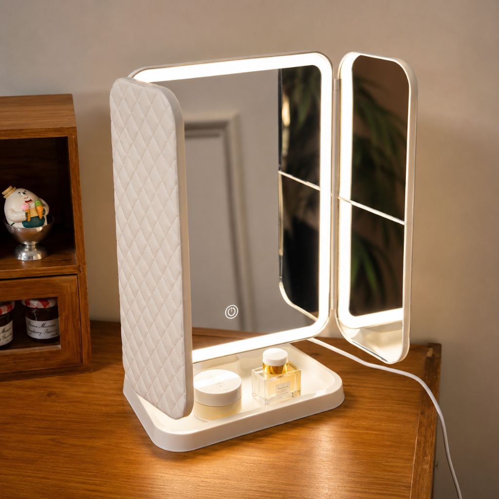 Driedelige Make-upspiegel met LED-Verlichting en 2x 3x 10x Vergroting Oplaadbaar Verstelbaar Opvouwbaar
