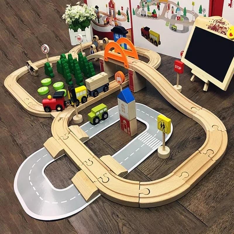 Houten Treinset met Rails 78-delig Speelgoed Inclusief Opbergbox Educatief Constructiespel Kinderen 3 Jaar